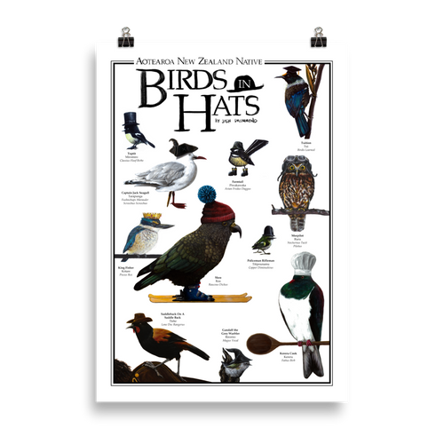 Aotearoa New Zealand Native Birds In Hats - Matte Poster Print